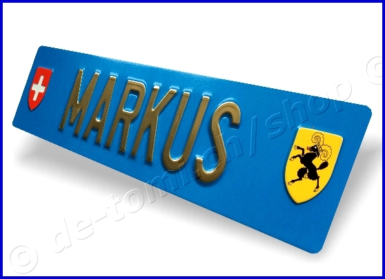 Plaque arrire bleue 110x500 mm "texte couleur or & chr. 70mm"