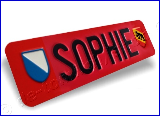 Autoschild vorne Rot 80x300 mm "Text Schwarz mit Wappen"